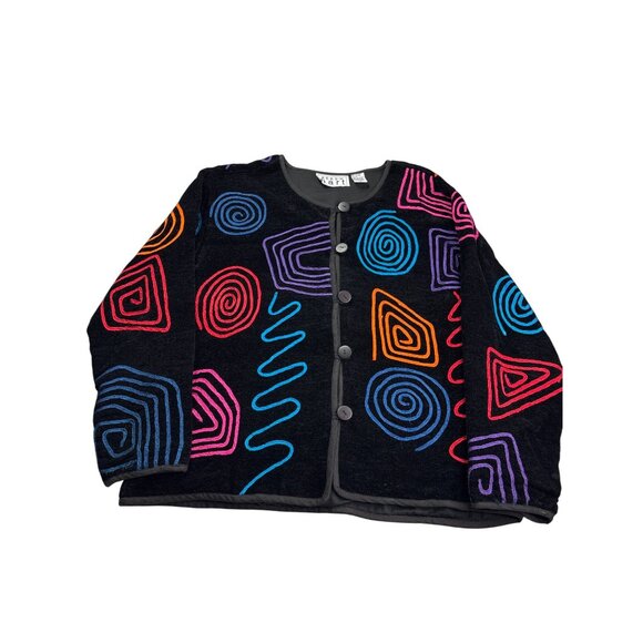 Keren Hart Womens Black Jacket Colorful Abstract Swirl Pattern M Art to Wear - Picture 1 of 5